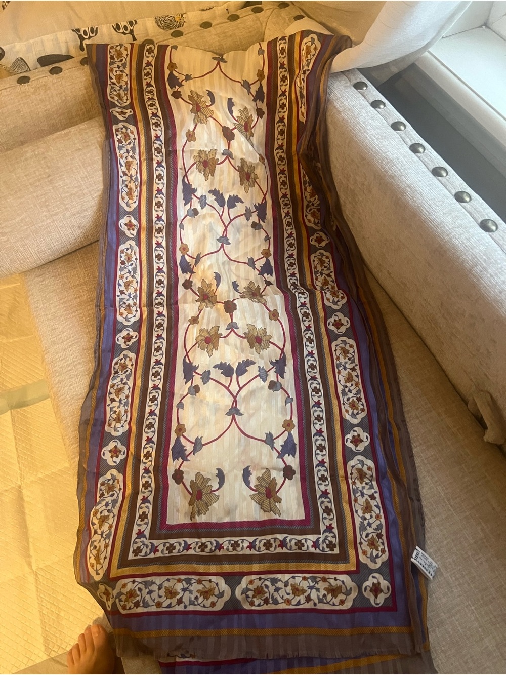Oscar De La Renta Silk Floral  Vine Pattern Long Scarf in Cream, Purple & Gold
